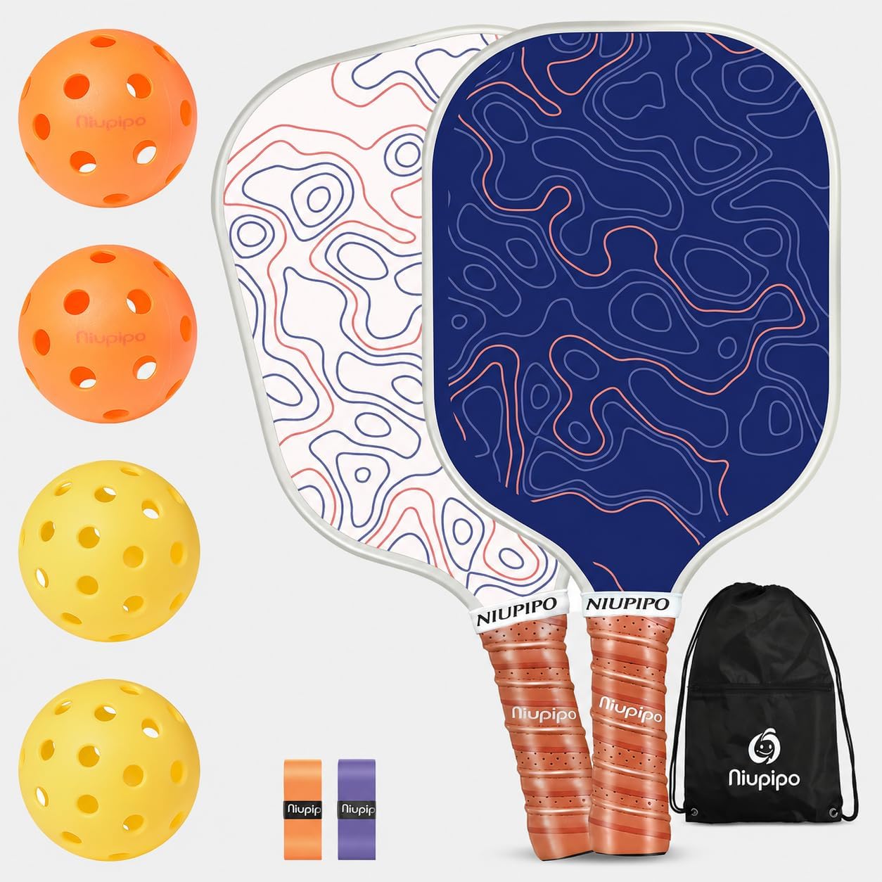 niupipo Pickleball Paddles Set of 2 or 4, USAPA Approved Fiberglass Pickleball Paddle Set with Balls and Bag, Polypropylene Honeycomb Core