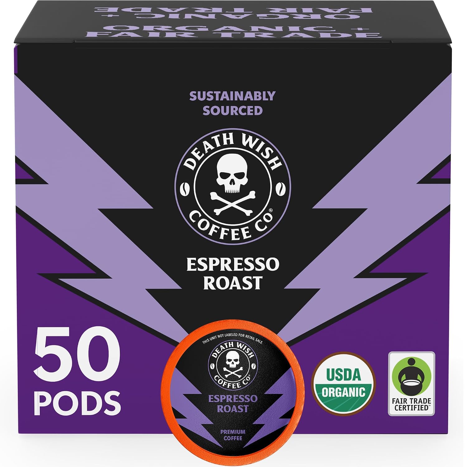 Death Wish Coffee Dark Roast Single Serve Coffee Pods, Organic, 50 Count | Fair Trade Arabica & Robusta, Baker's Chocolate & Cherry Notes, Low Acidity, Heavy Smooth Body, Bold & Intense
