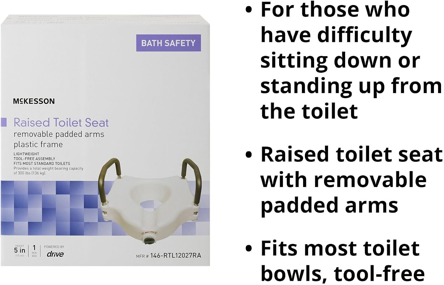 McKesson Raised Toilet Seat with Removable Padded Arms, White, 5 in, 1 ct | Lightweight, Fits Most Standard Toilets