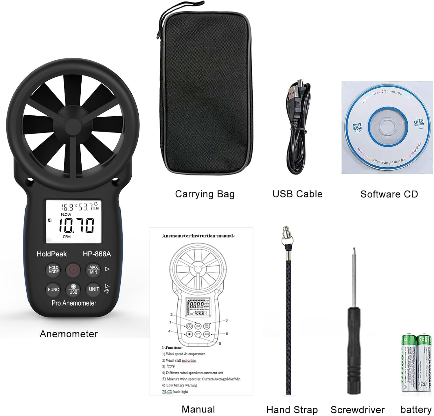 Holdpeak 866A Anemometer HVAC, Pro CFM Air Flow Meter for Wind Speed Temp Humidity Dew Point Airflow Measuring Device