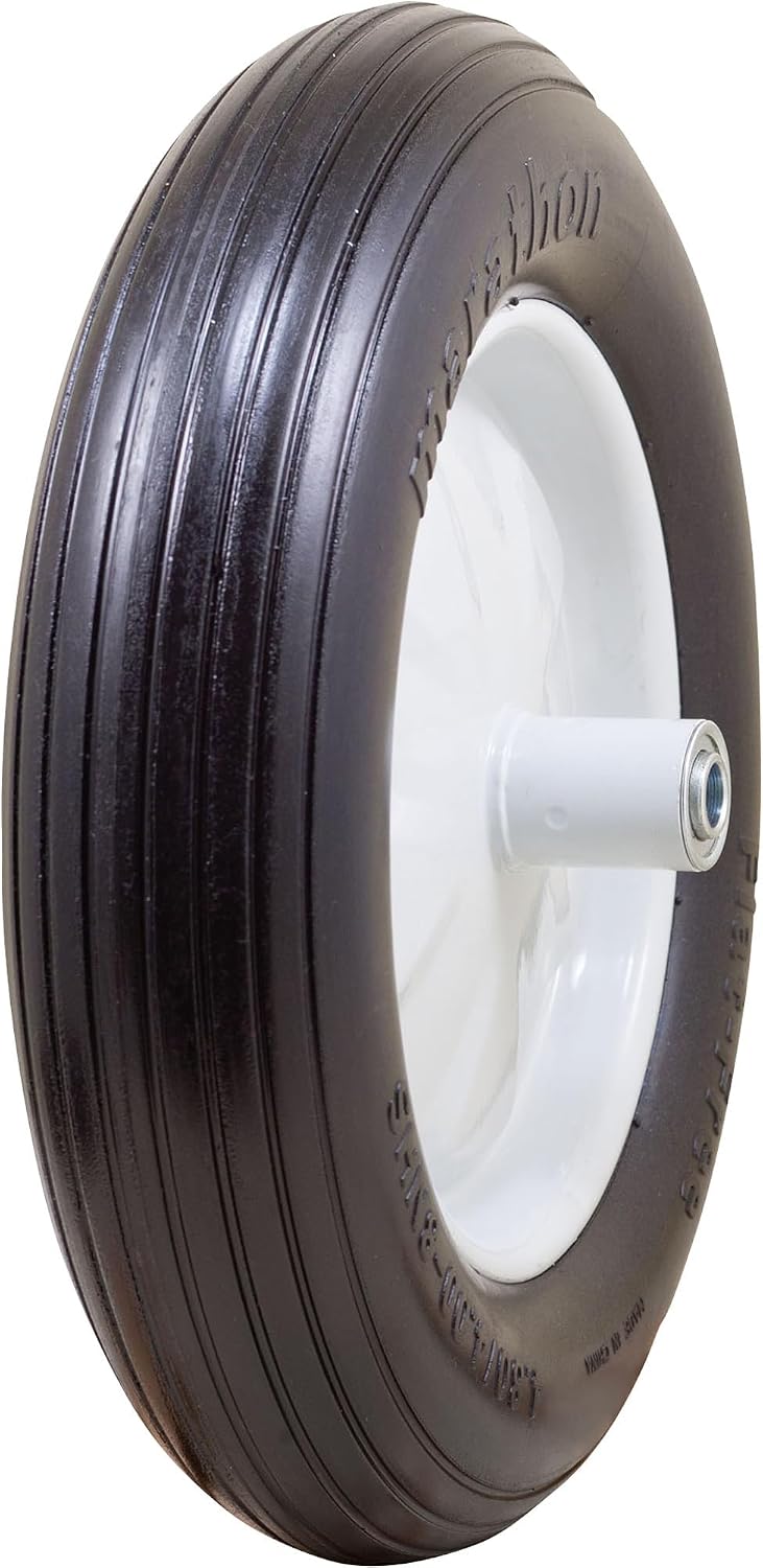 Marathon 4.80/4.00-8" Flat Free Wheelbarrow Tire on Wheel, 6" Centered Hub, 5/8" Ball Bearings, Ribbed Tread