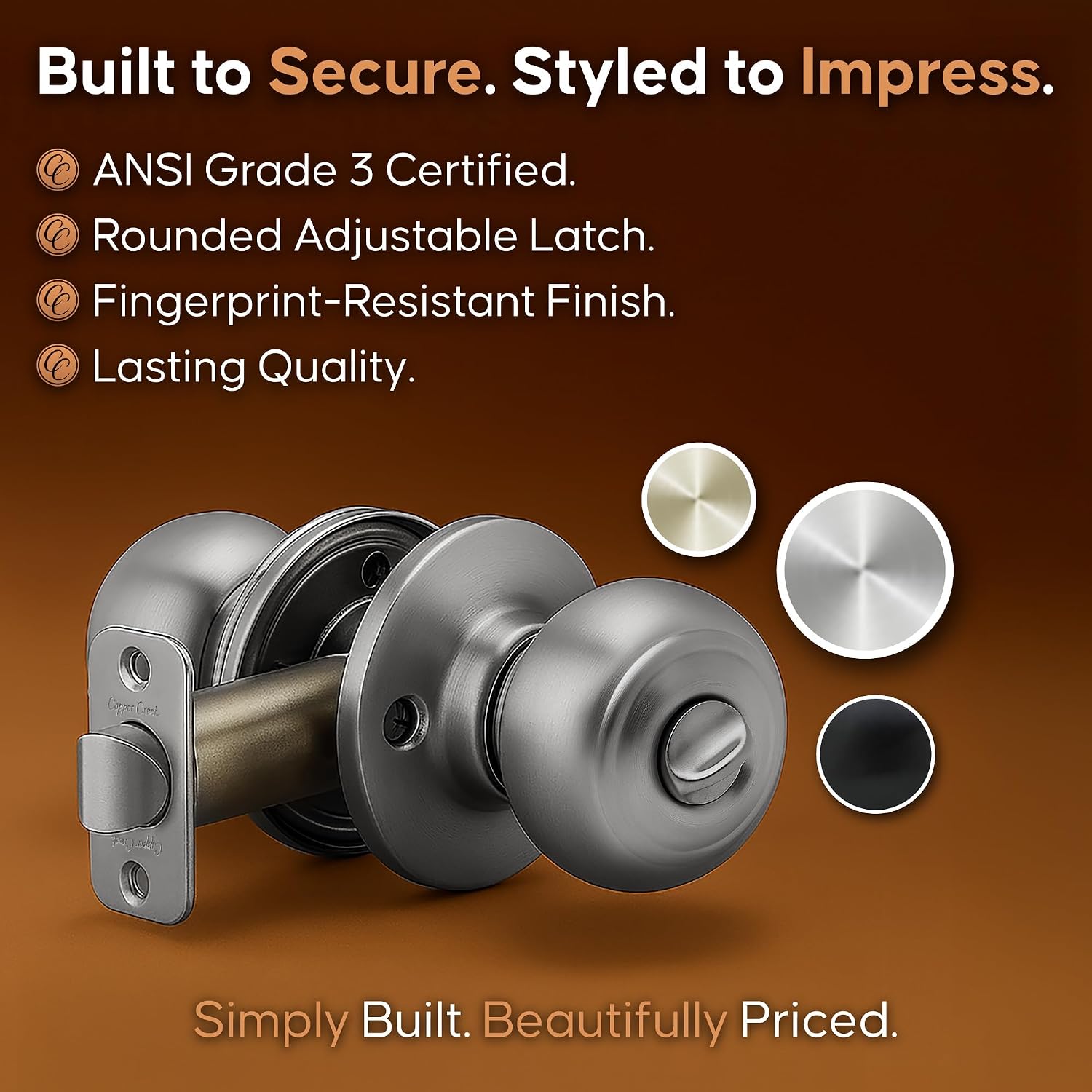 Copper Creek Colonial Privacy Interior Door Knob – ANSI Grade-3 Certified, Modern Heavy Duty Handle, Easy Install and Reversible for Bedroom, Bathroom and Closets – Satin Stainless (1 Pack)