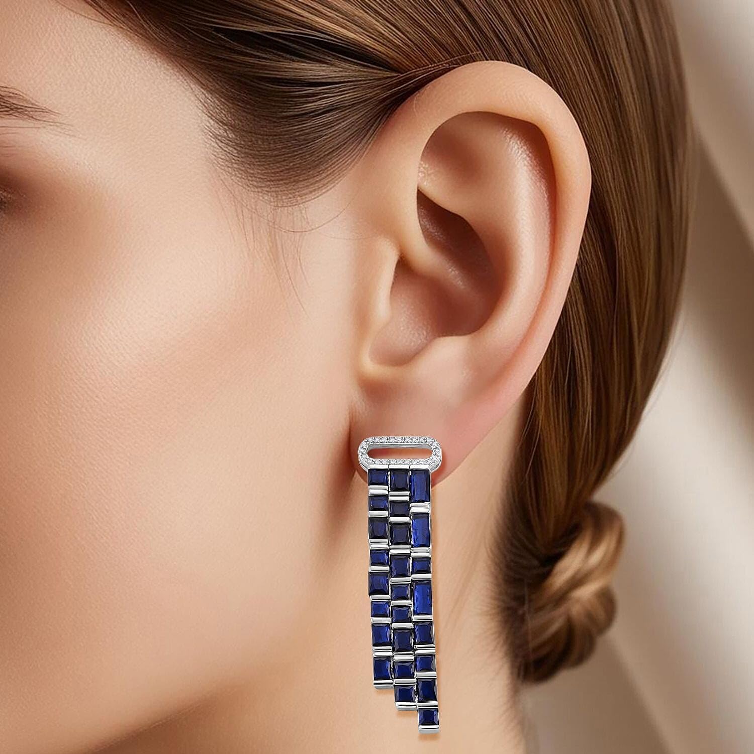 Blue Glass and Cubic Zirconia Earrings in Silvertone