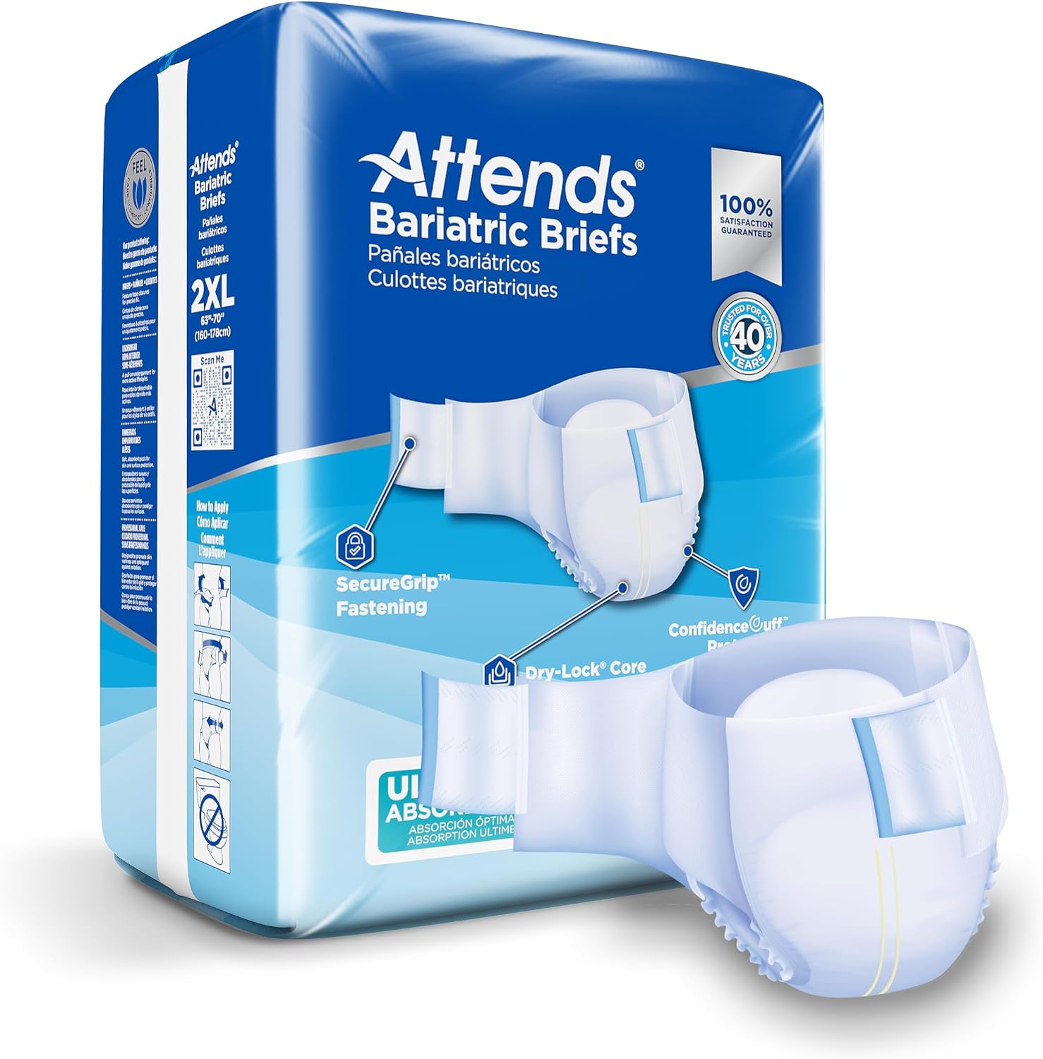 Attends Bariatric Incontinence Disposable Briefs, XX-Large, 63"-70" Waist with Tab Closures, Ultimate Absorbency, Dry-Lock Containment Core and ConfidenceCuff Leakage Protection, 2XL 48ct Case