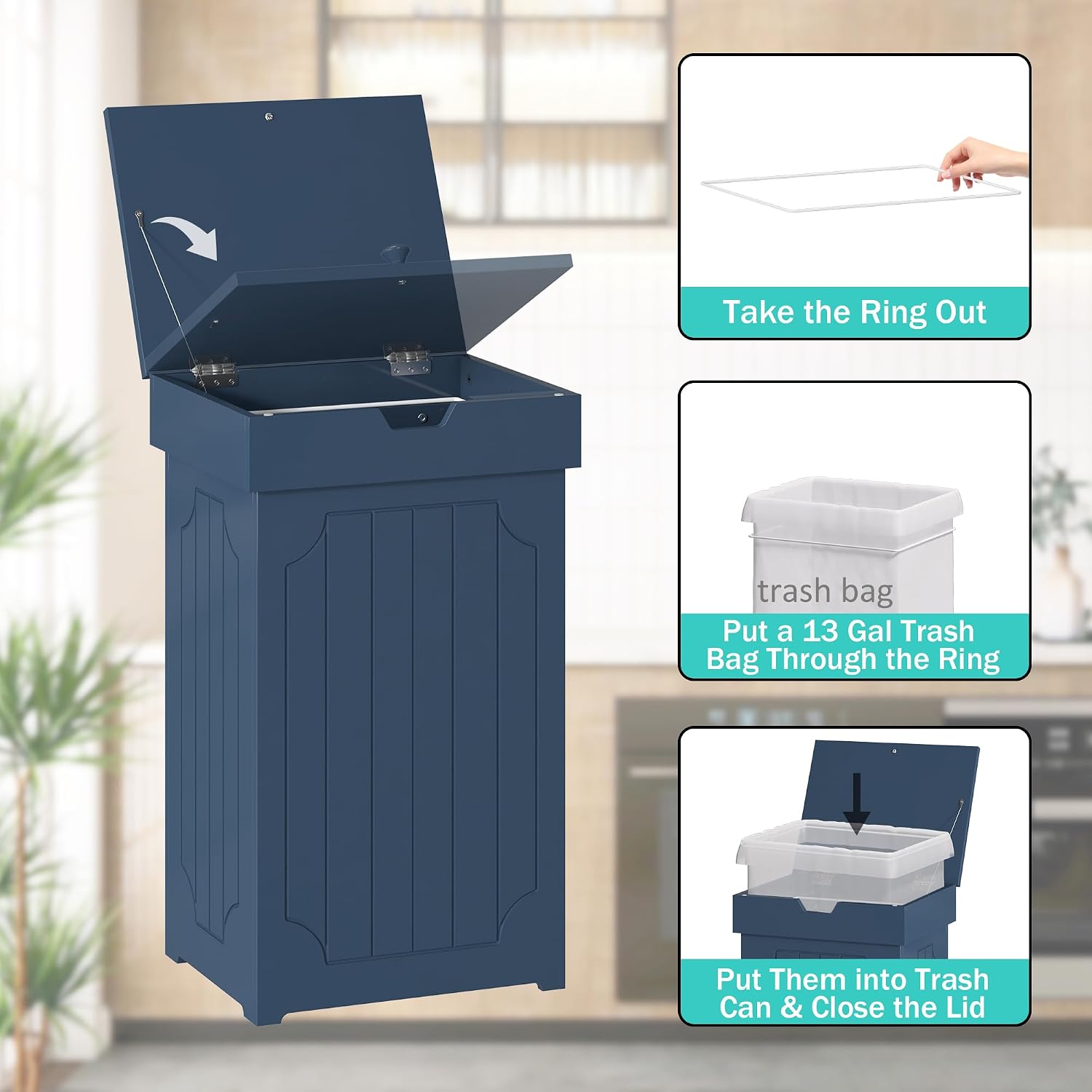 Function Home Trash Can Cabinet, 13 Gallon Kitchen Garbage Can, Wood Recycling Trash Bin, Freestanding Dog Proof Trash Can, Farmhouse Trash Cabinet with Lid for Home Kitchen Bathroom, Yellow