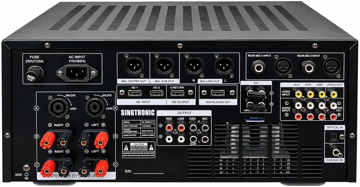 Singtronic KA-3000ProII 3000W Professional Karaoke Mixing Amplifier | DJ/KJ Console with HDMI ARC, 8-Band EQ, USB Recording, Bluetooth, Optical Input