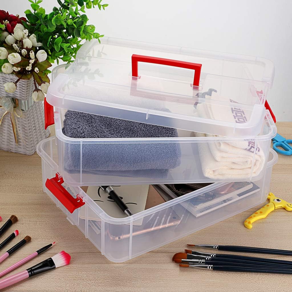 JUXYES 2-Tiers Plastic Stack Carry Storage Containers Box wih Handle Lids