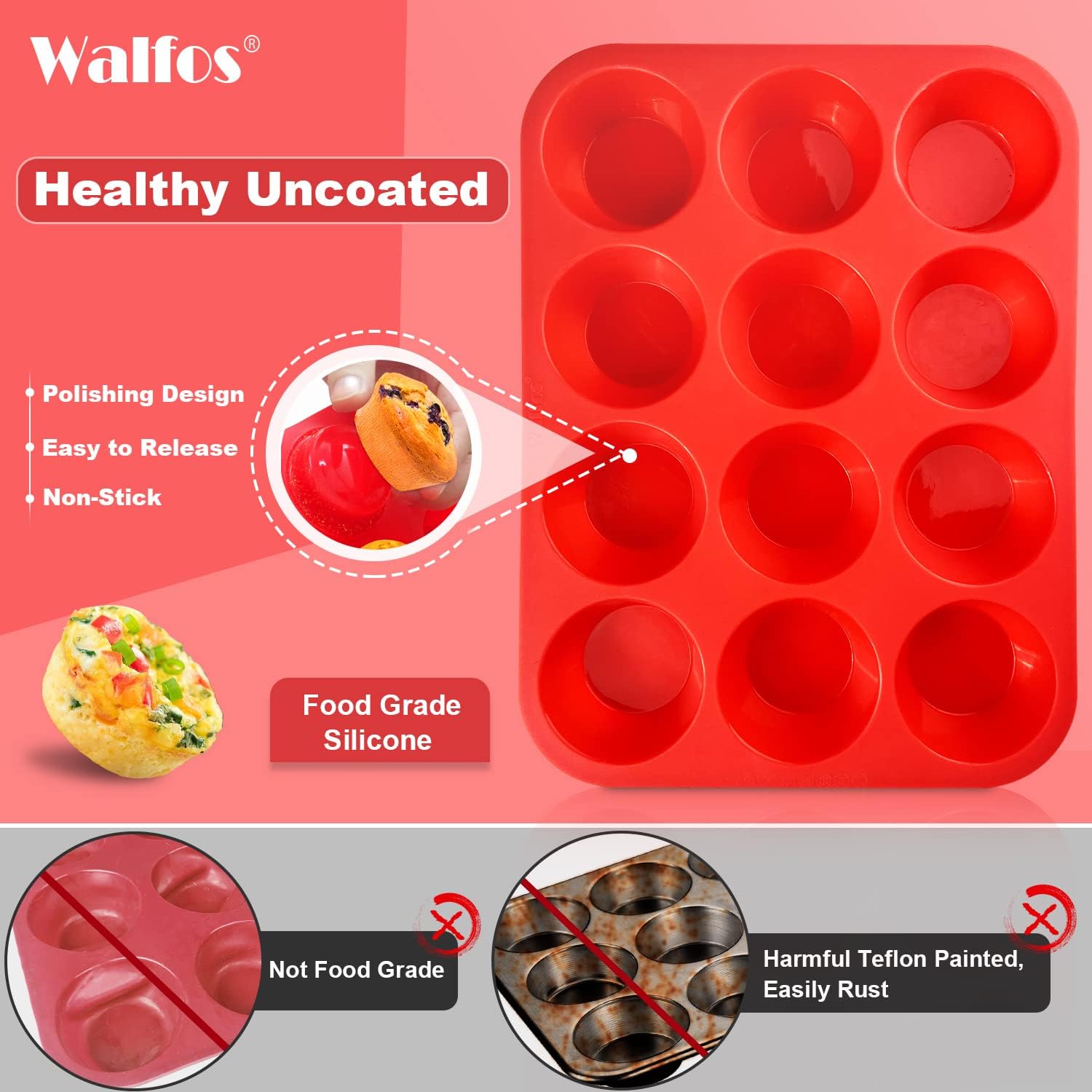 Walfos Silicone Texas Muffin Pan - 6 Cup Jumbo Silicone Cupcake Pan, Non-Stick, Just Release! Perfect for Egg Muffin