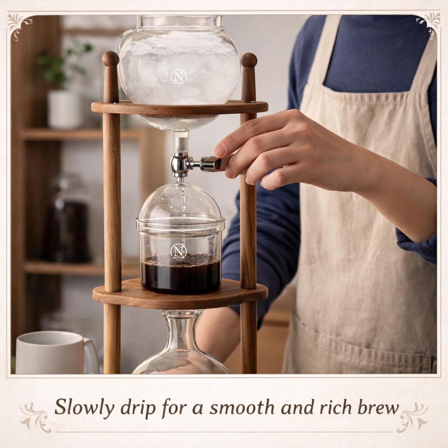 Nispira Iced Coffee Cold Brew Drip Tower Coffee Maker, 6–8 Cup Manual Cold Brew Brewer with Adjustable Valve, Wooden Frame & Glassware, Slow Cold Extraction System