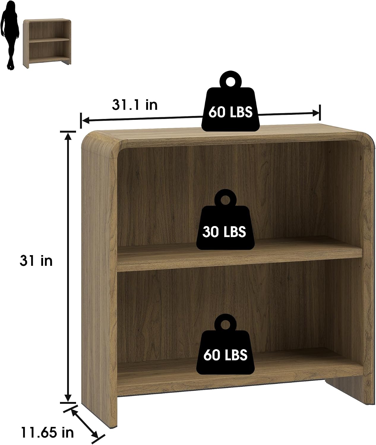 Bevfint 44" Bookcase Tall 3 Shelves Wood Bookshelf with Curved Soft Edges, Heavy Duty Storage Cabinet for Professional Home Office and Living Room, Modern Natural Oak Grain Finish