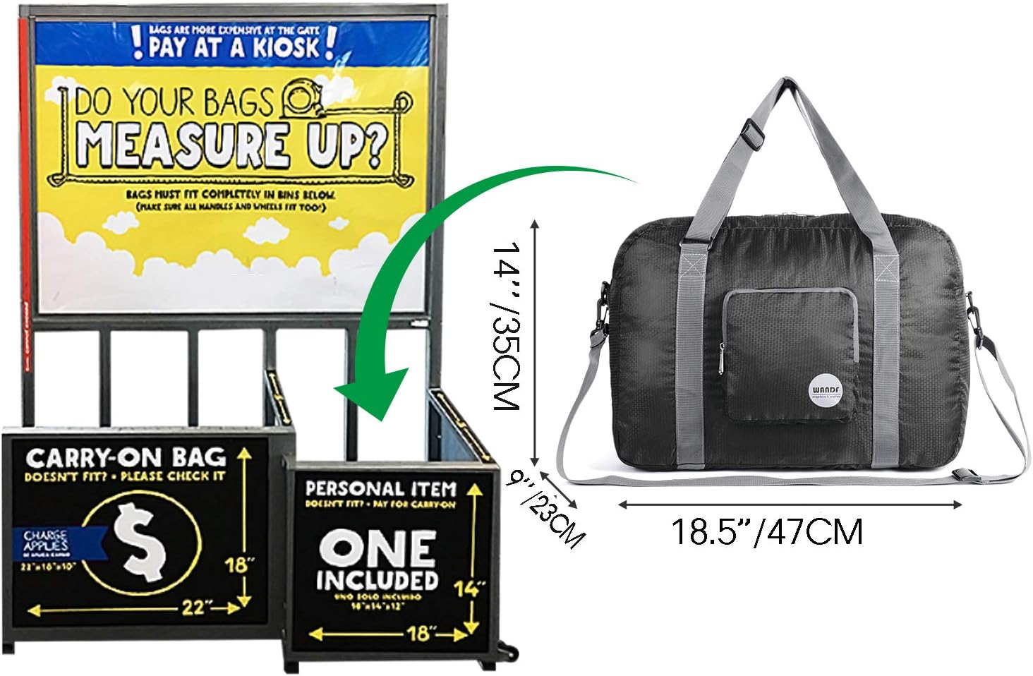 WANDF Foldable Personal Item Bag, Carry on Travel Duffle Bag | Frontier Airline Underseat Fit, 18x14x8 inches, Weekend Overnight Trips, Packable