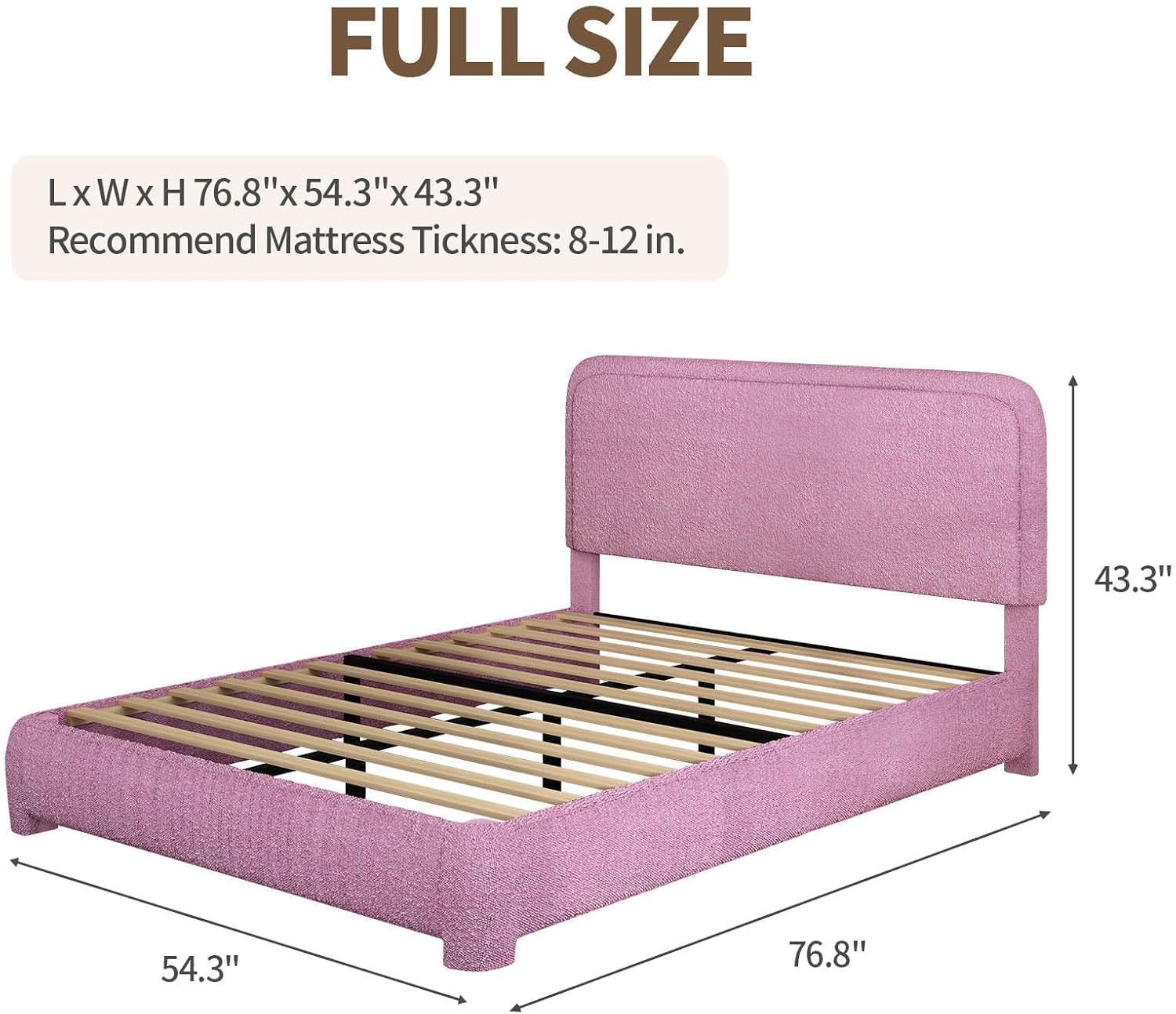 BarnFurin Full Bed Frame, Cloud Boucle Headboard, Rounded Corners, White | Soft boucle and rounded edges create a low-profile cloud look. Wooden slats support the mattress without a box spring