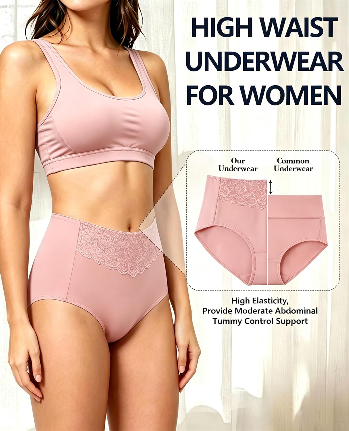 MISSWHO Women's High Waisted Cotton Underwear Soft Breathable Full Coverage Stretch Briefs Ladies Panties 5-Pack