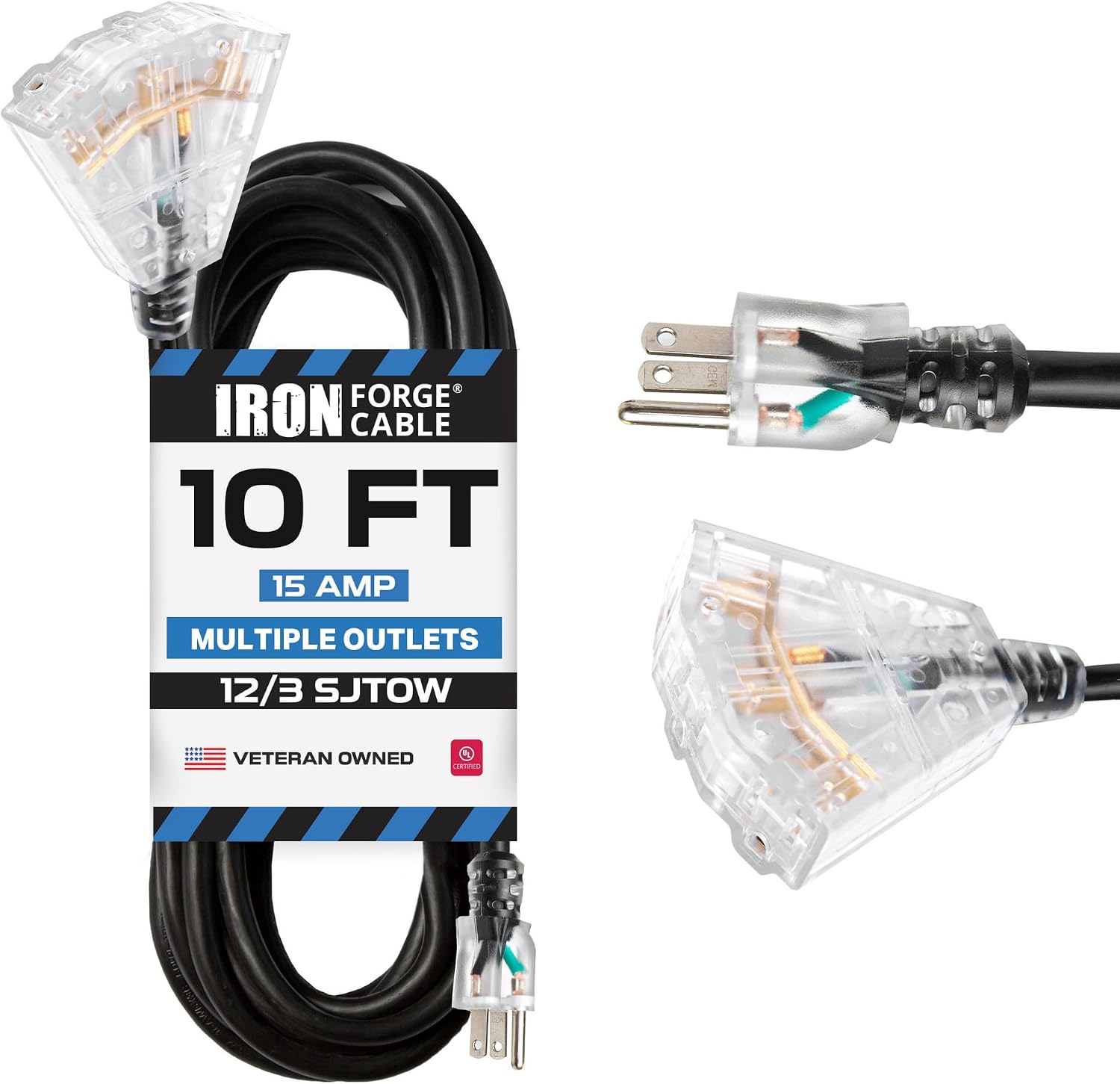 Iron Forge Cable 12 Gauge Extension Cord Multi Outlet, 10 Ft - Black SJTW