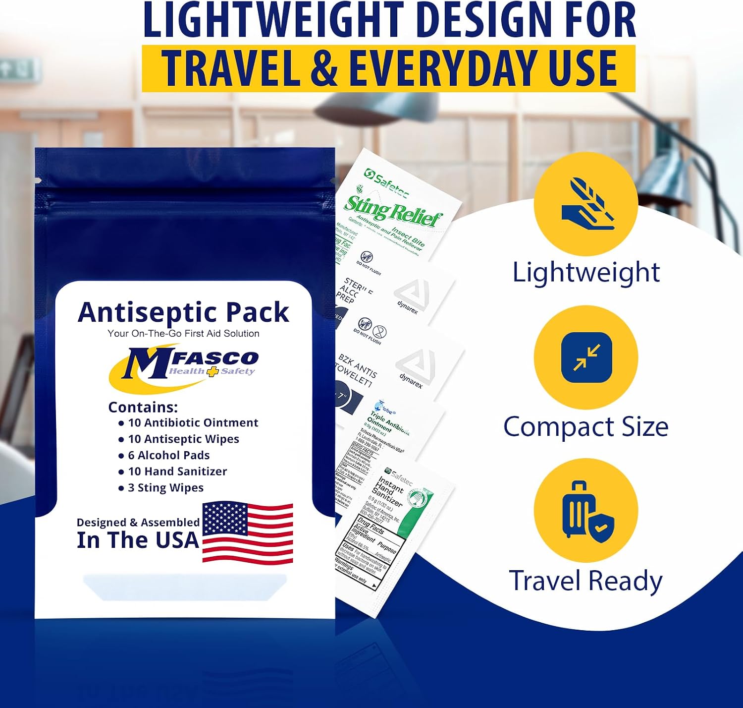 MFASCO Antiseptic Wound Care Travel Pack | 39 Piece First Aid Kit Refill | BZK, Antiseptic Wipes, Sting Relief, Wound Ointment | Essential First Aid Supplies | Refill Personal First Aid Kits