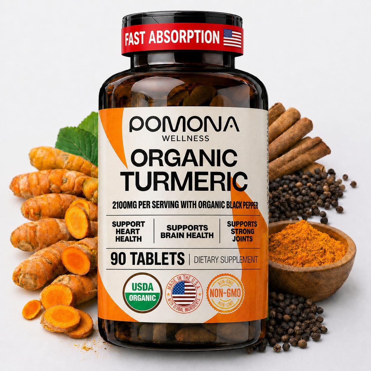 Pomona Wellness Organic Turmeric Supplement 2100 mg, 120 Tablets