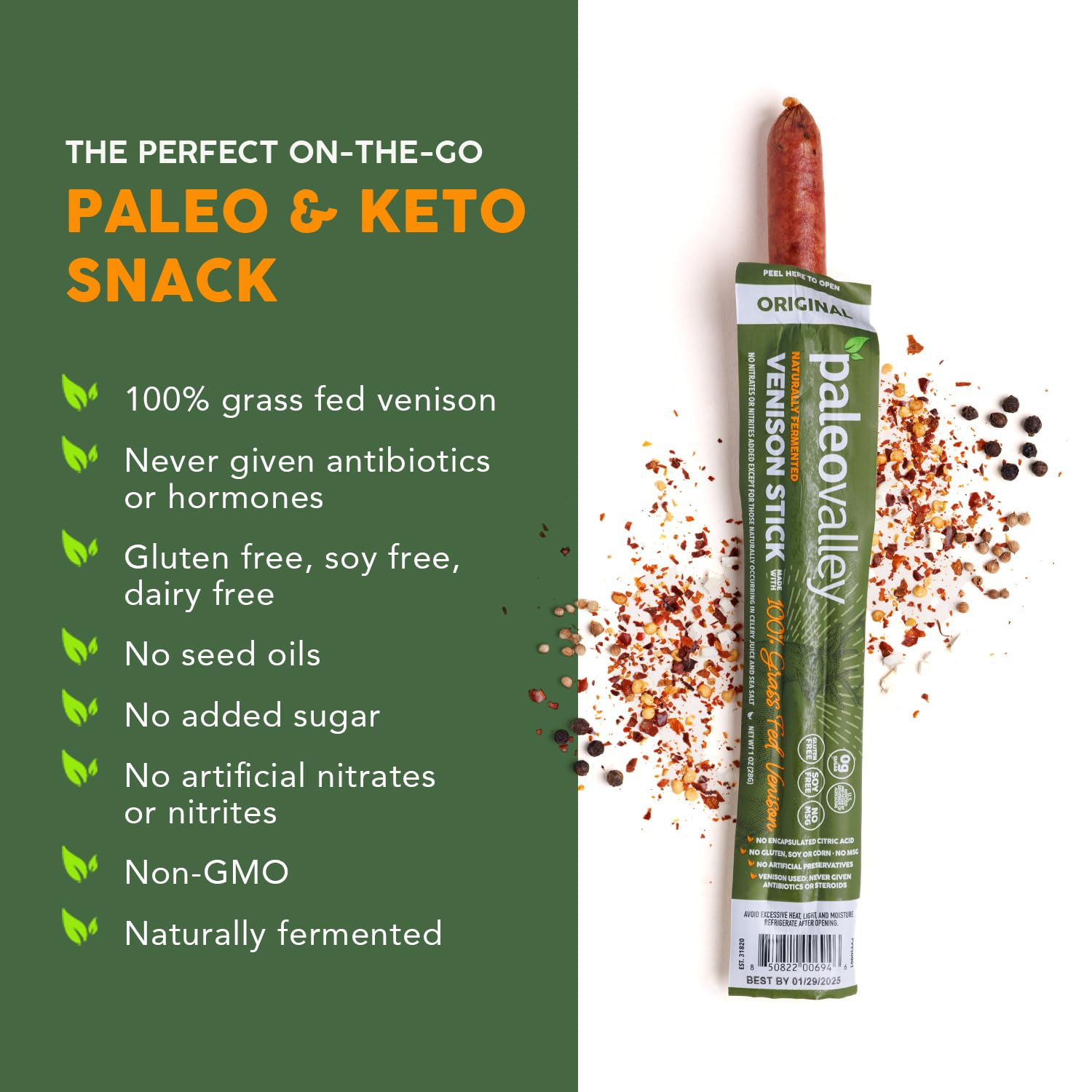 Paleovalley 100% Grass Fed Beef Sticks, Protein Snacks, Original | 10 Count, Individually Wrapped, Naturally Fermented, Gluten Free, Keto and Paleo, Made With Simple Ingredients, 6g Protein