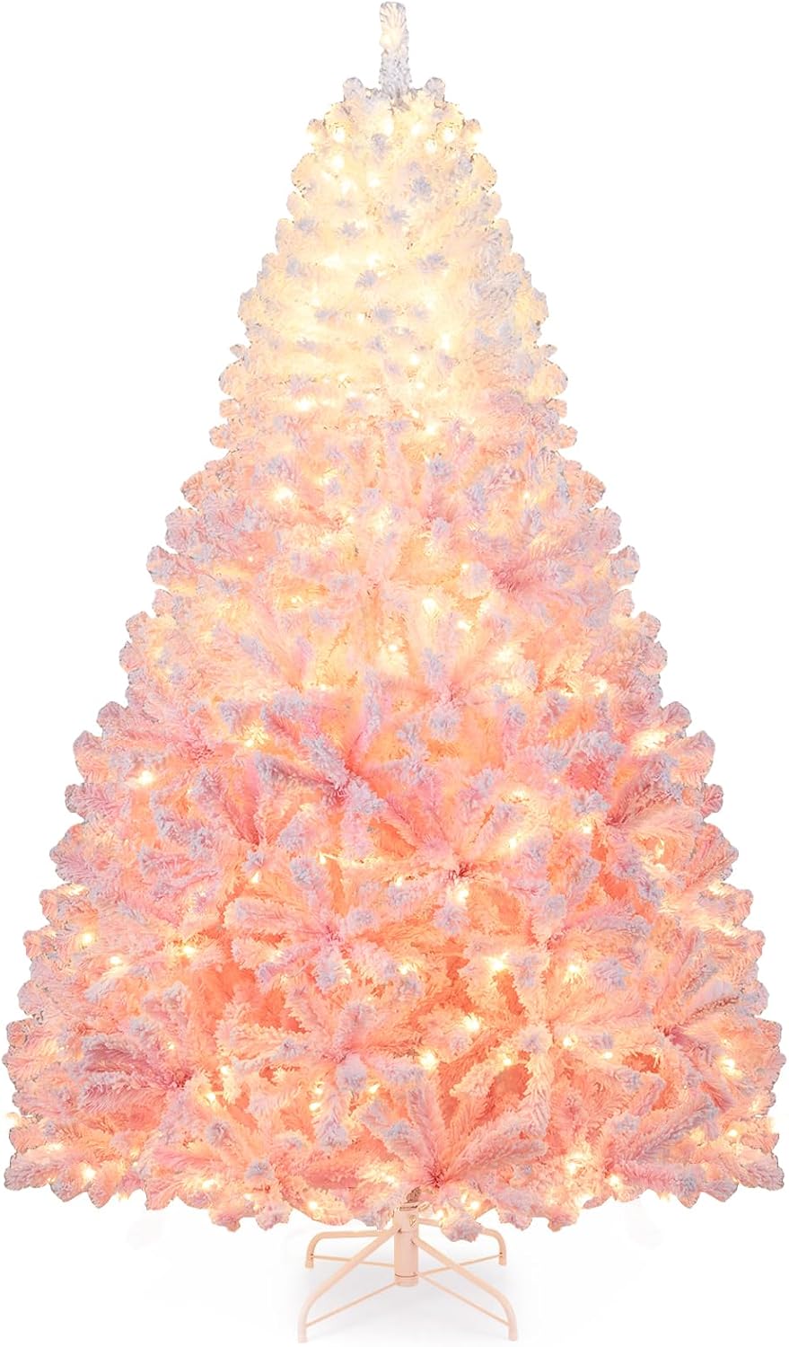 Goplus 7.5ft Pre-Lit Artificial Christmas Tree, Premium PVC Snow Flocked Hinged Pine Tree with Metal Stand and LED Lights