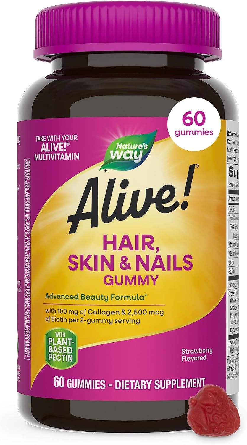Nature's Way Alive! Hair, Skin & Nails Gummies with Collagen & Biotin,60 ct | Advanced Beauty Formula Supplement with Antioxidant Vitamins C & E*, 100 mg Collagen, 2,500 mcg Biotin, Strawberry Gummy