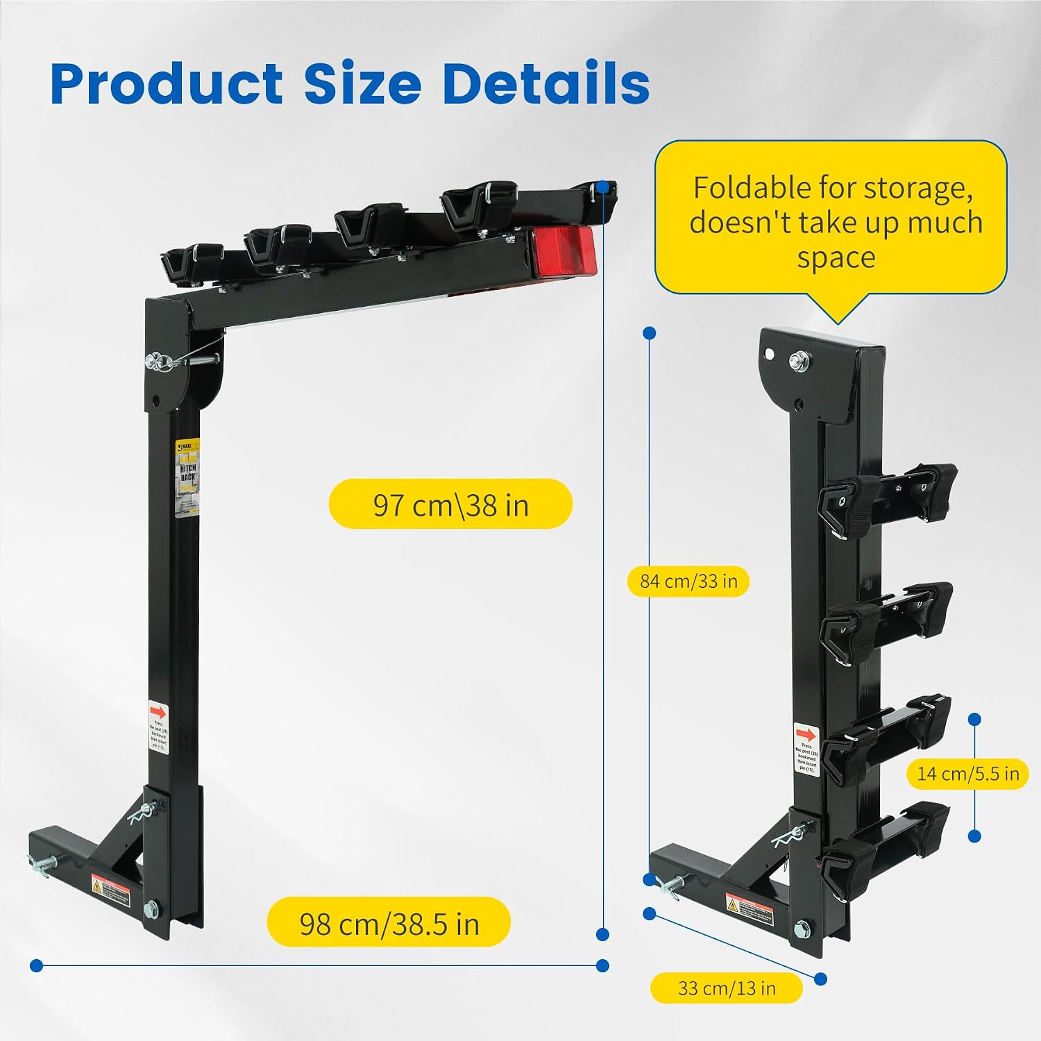 MaxxHaul Hitch Mount 4 Bike Rack 150 lb Capacity Heavy‑Duty Swing Down Design Fits Cars Trucks SUVs and Minivans with Safety Reflector Easy