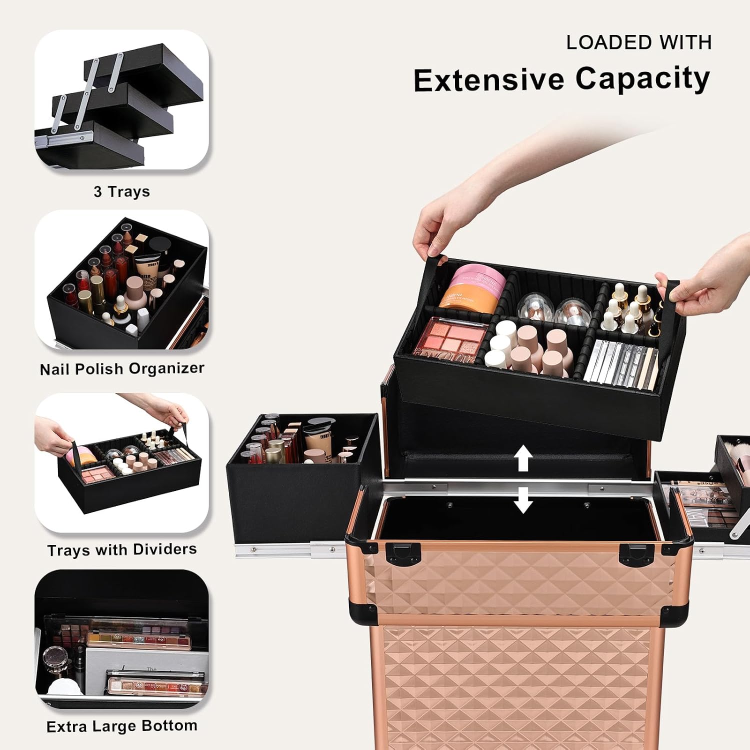 Stagiant Rolling Makeup Train Case Large Storage Cosmetic Trolley 4 Tray with Sliding Rail Removable Middle Layer with Key Swivel Wheels Salon