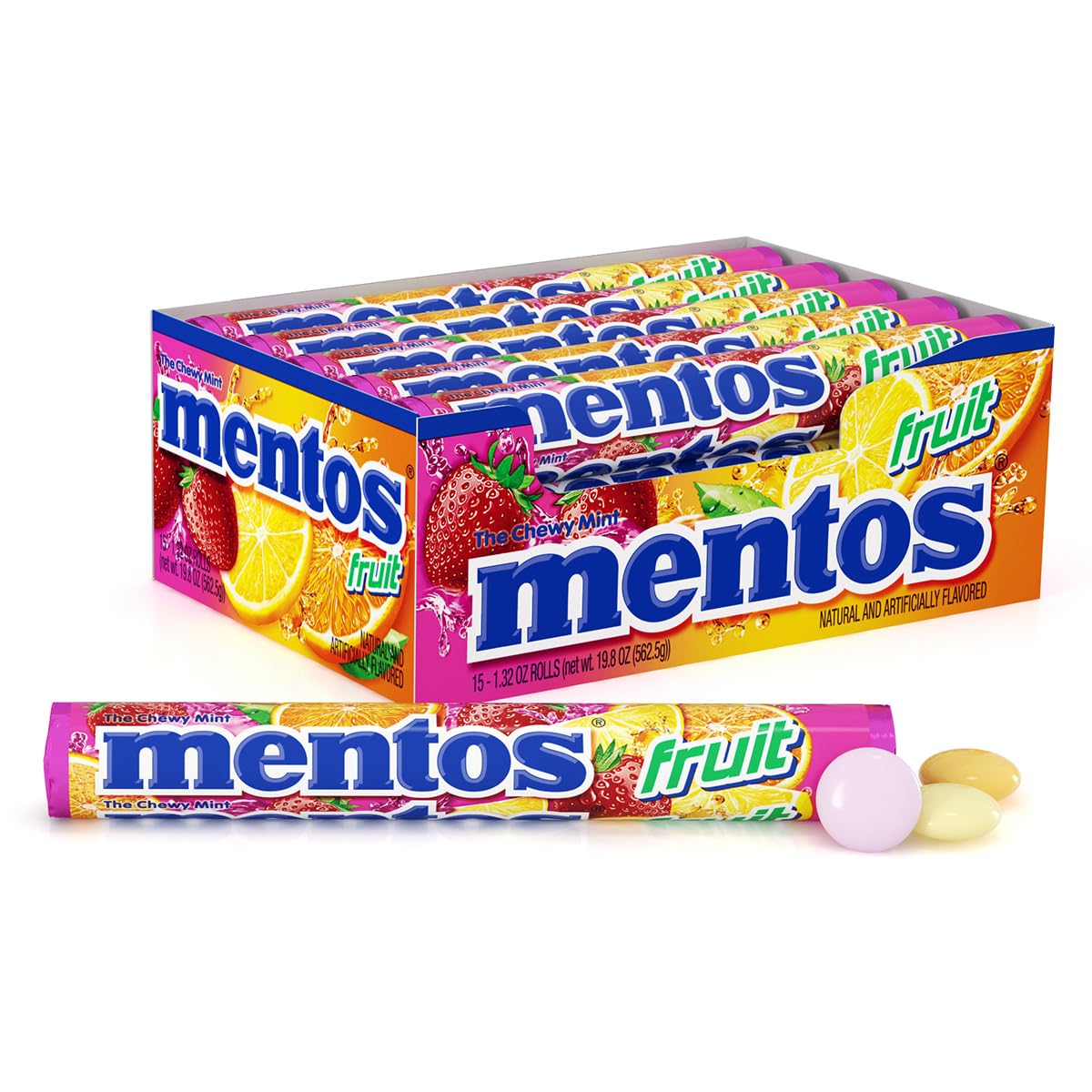 Mentos Chewy Mint Candy Roll, Cinnamon, 14 Pieces Per Roll, 15 Count Pack