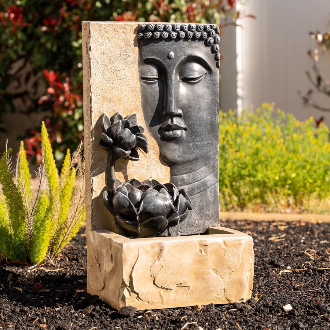 XBrand 30" H Zen Buddha Face Water Fountain w/LED Light & Pump, Indoor/Outdoor Freestanding, Relaxing Zen Décor