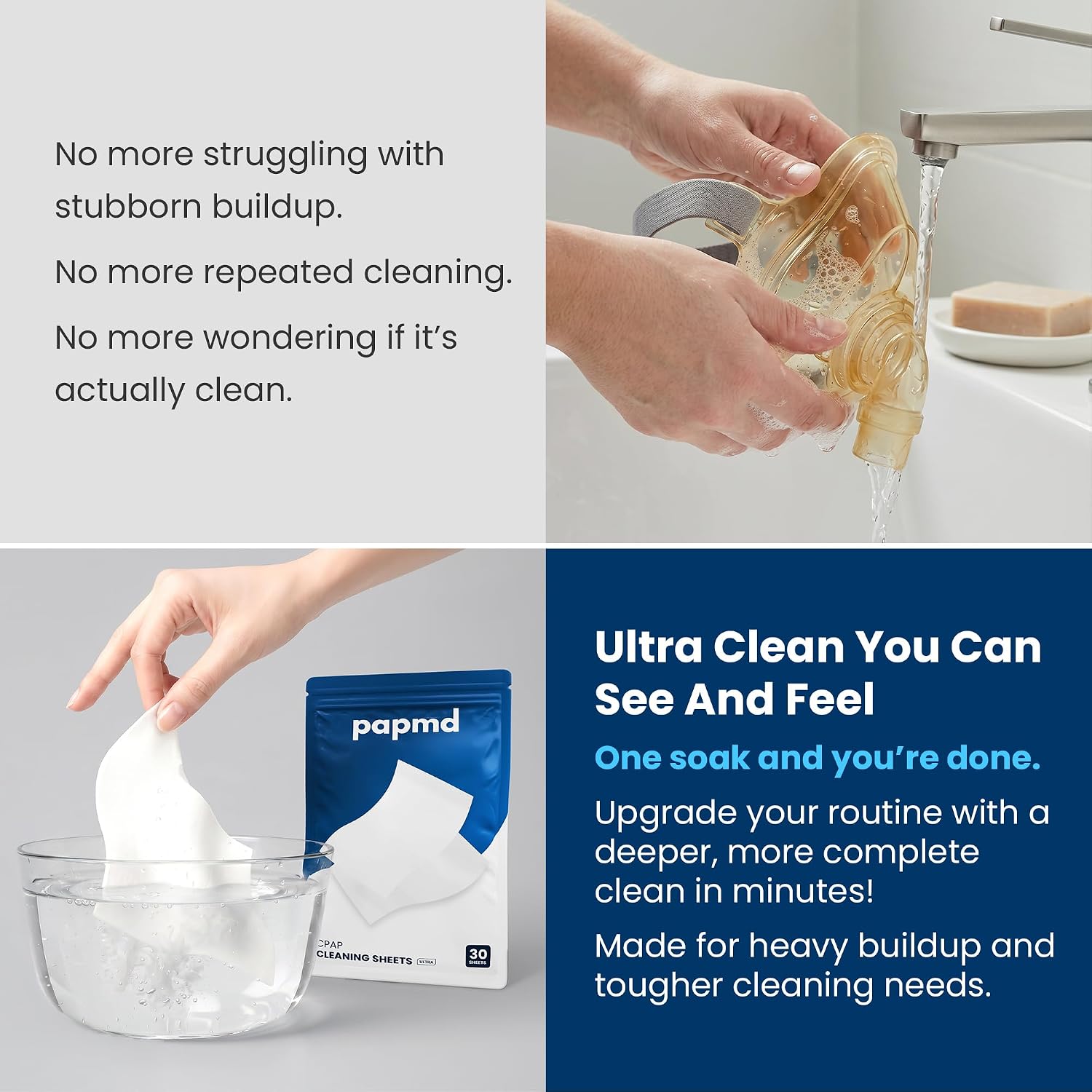 PAPMD CPAP Dissolvable Cleaning Sheets Pro, Light-Moderate Buildup | 30 PCS | Unscented & Dissolvable CPAP cleaning supplies for mask, hose & chamber. Unscented soak & rinse — no scrubbing, no residue.