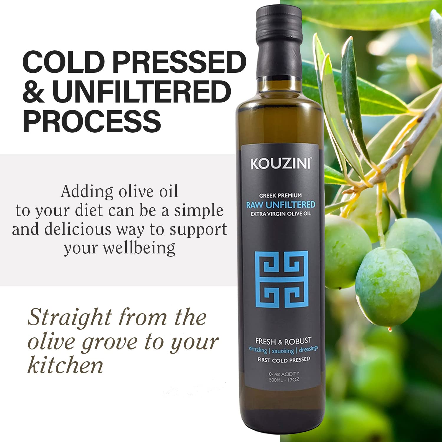 Kouzini Unfiltered Raw Extra Virgin Greek Olive Oil, Greek Extra Virgin Cold Pressed Olive Oil, Single Origin, High Polyphenols, Authentic Taste