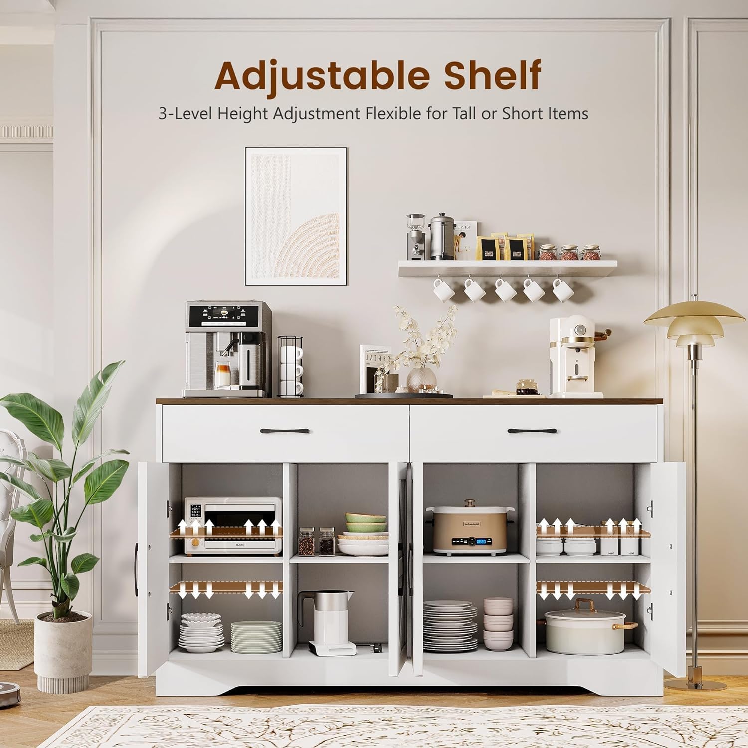 Sideboard Buffet Cabinet with Storage, 55.1" Large Kitchen Storage Sideboard with Drawers & Doors, Modern Wood Farmhouse Coffee Bar Cabinet