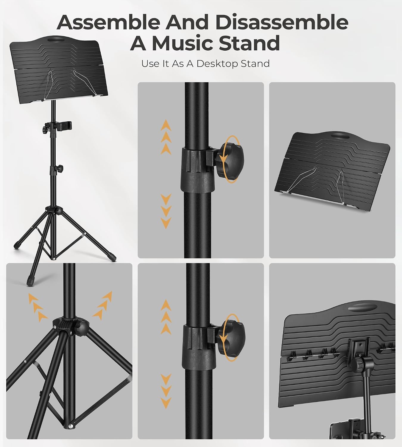 Music Stand, Vangoa Folding Sheet Music Stand with Detachable Microphone Stand & Phone Holder, Portable Lightweight with Music Sheet Clip Holder & Carrying Bag for Instrumental Performance