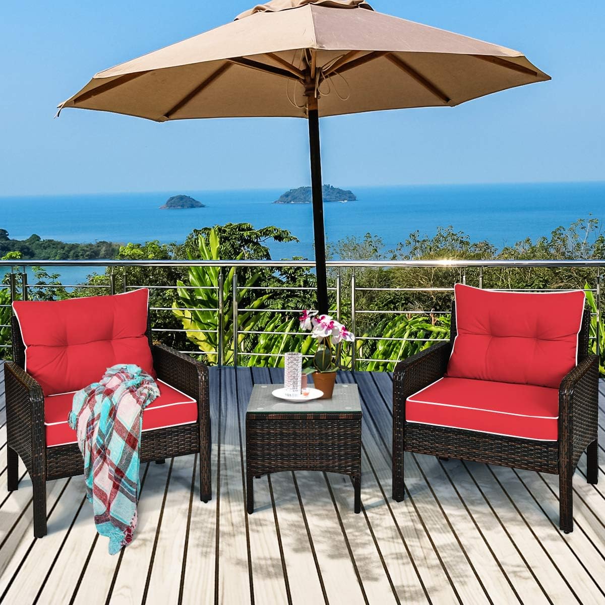 Tangkula 3 Piece Outdoor Patio Furniture Set, Wicker Chairs Set with Glass Top Coffee Table, Thick Cushions