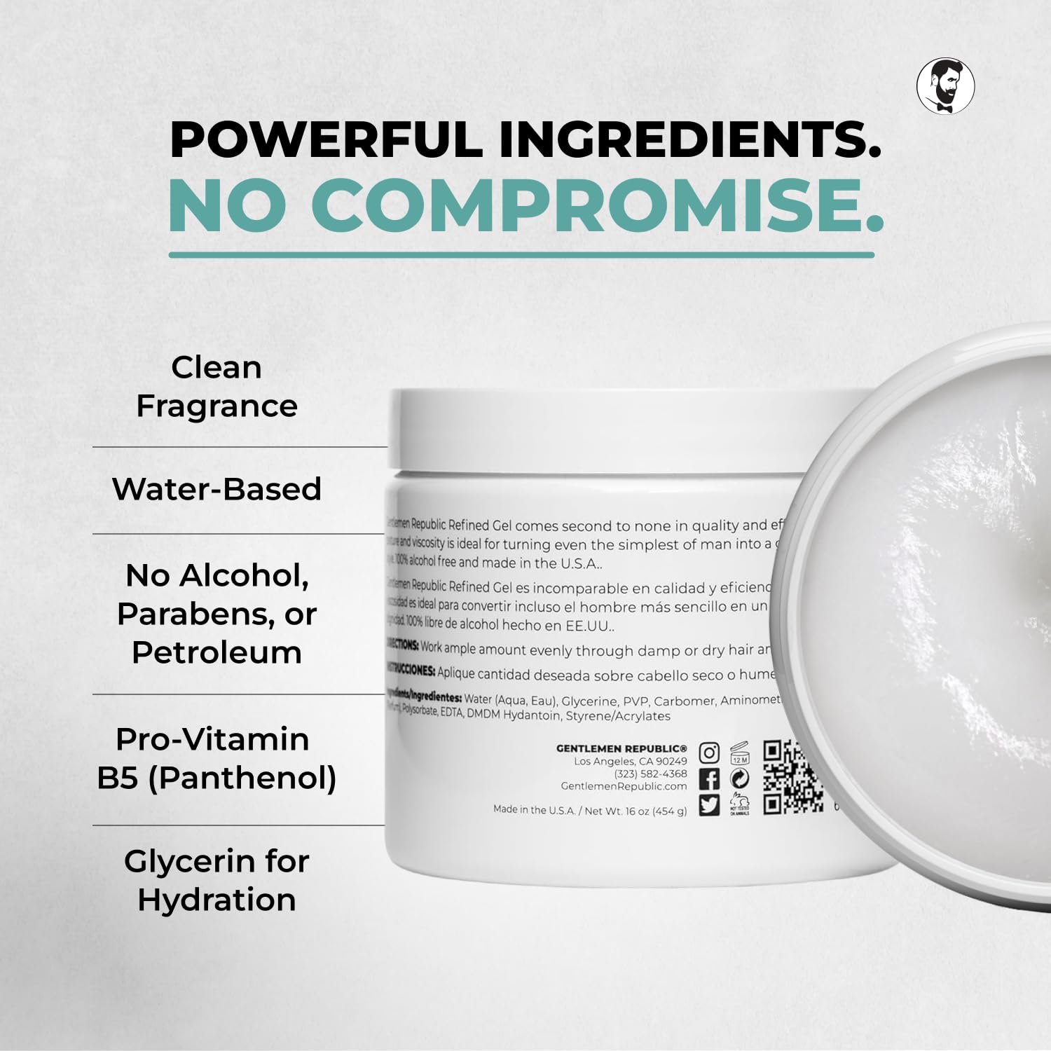 Gentlemen Republic 8oz Refined Hair Gel, 24 Hour Shine and Hold | Humidity resistant, alcohol-free formula that never flakes — professional hold made in the USA