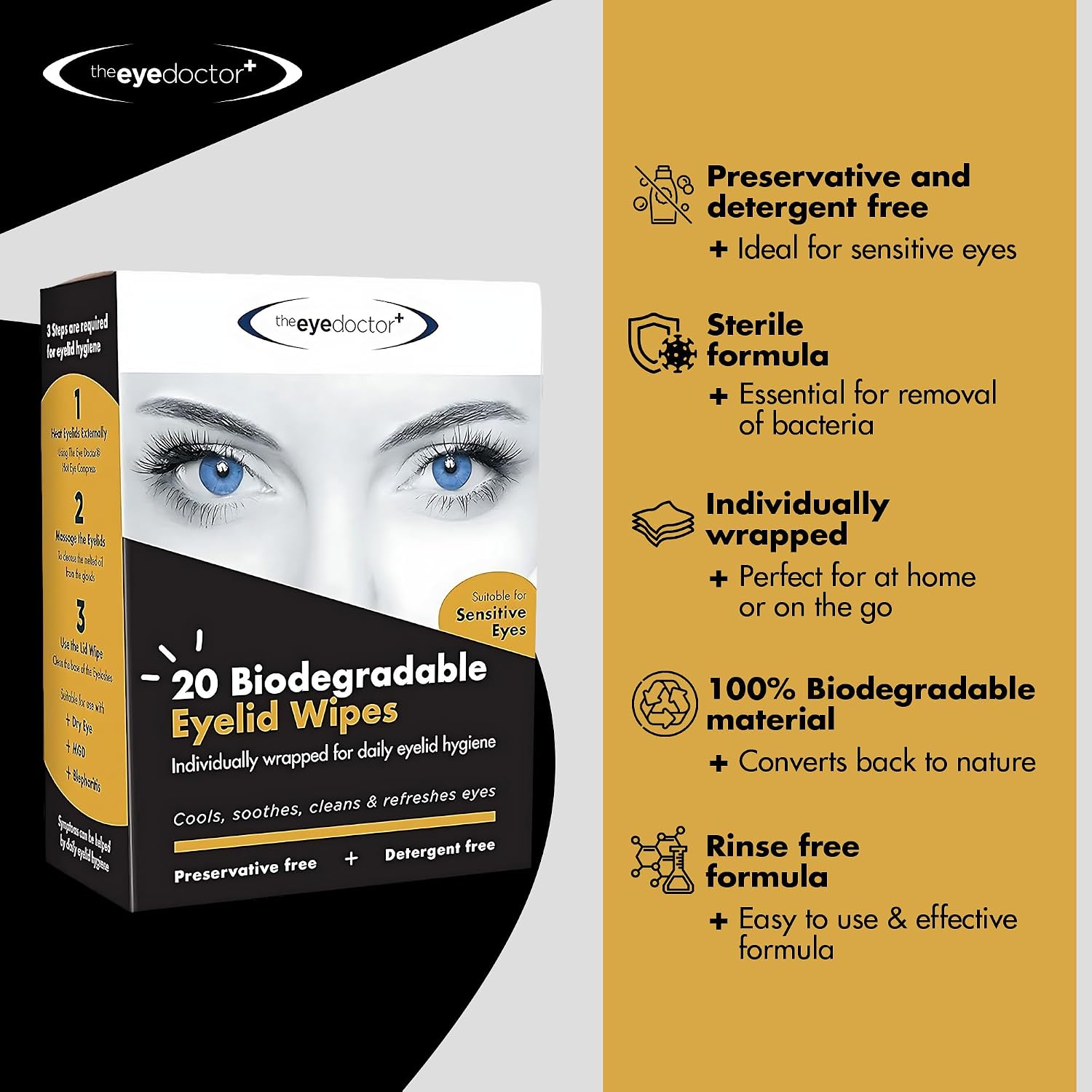 The Eye Doctor Biodegradable Eyelid Wipes - 80 x Single Use Eye Cleaning Wipes for Daily Lid Care - Individual Preservative Free Sensitive Eye Cleaner - Soothes Cleans and Refreshes