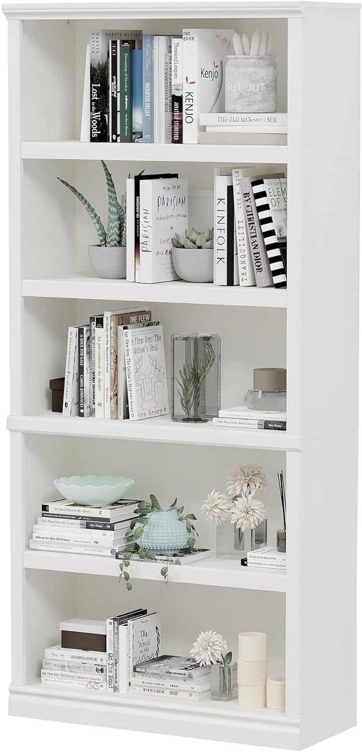Bevfint 70-Inch Tall White Bookcase, 5 Tiers Shelves Open Storage Bookshelf | 33 In Wide Anti Tipping Indoor Furniture