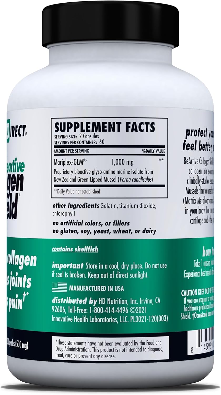 HEALTH DIRECT BeActive Collagen Shield, Green-Lipped Mussel, 60 Capsules | Bioactive Mariplex GLM formula from New Zealand supports collagen health, joints and muscle recovery.