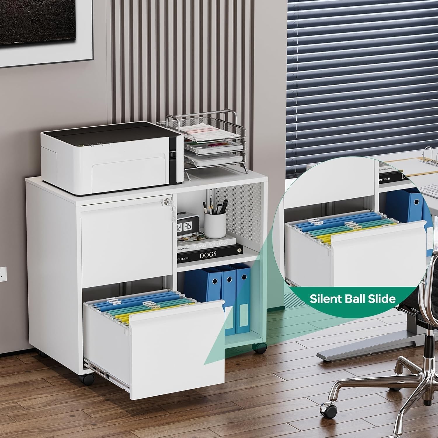 Mobile 3 Drawer File Cabinet with Lock-Metal Lateral Rolling Printer Stand Filing Cabinets for Home Office-Storage A4/F4/Letter (White)