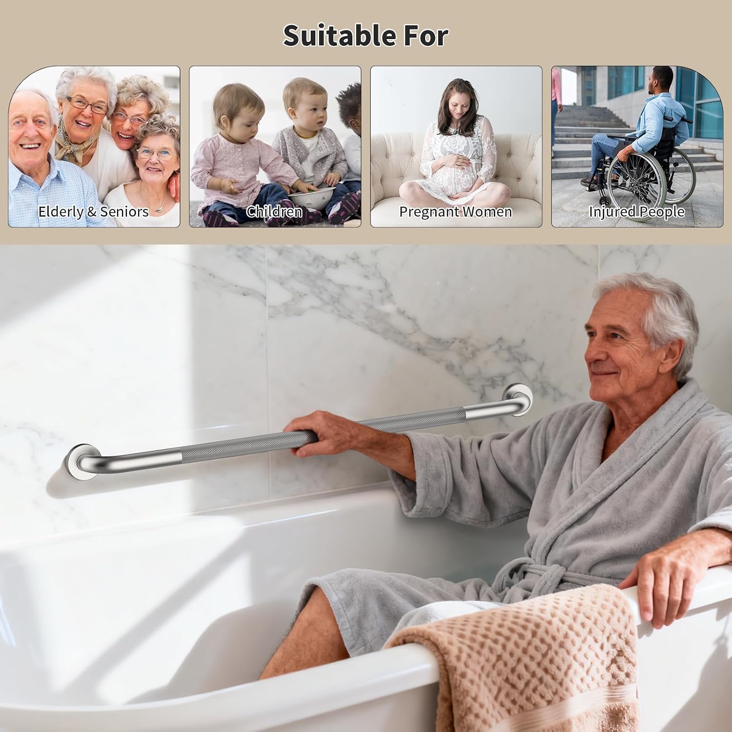 40 Inch Brushed Nickel Shower Grab Bar Anti-Slip Knurled Grip,Safety Handle | YuanDe 1.25" Diameter Stainless Steel Bathroom Grab Bars, Handicap Injury Elderly Senior Assist Support Shower Handle-2Packs