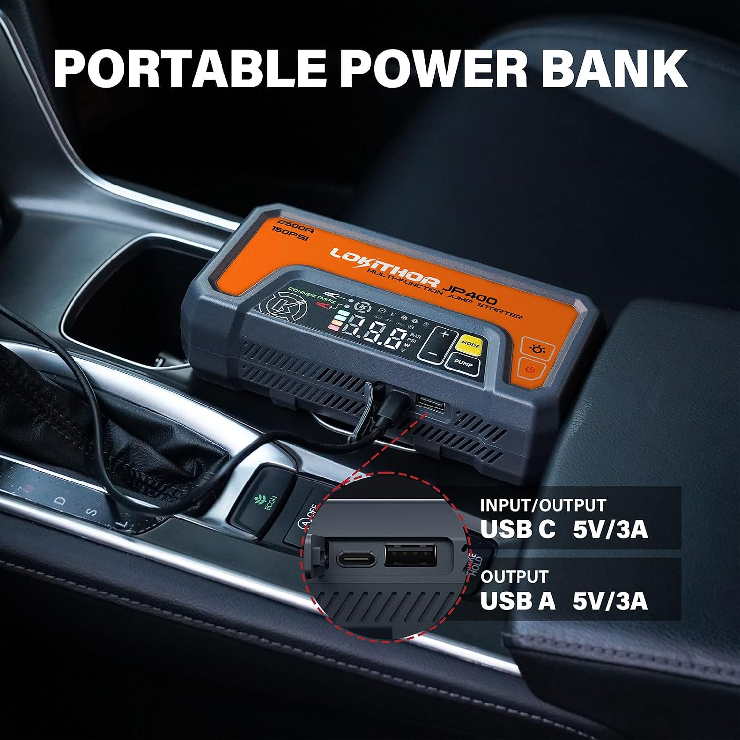 LOKITHOR JP400 Jump Starter with Air Compressor for 8.5L Gas/6.5L Diesel | 2500A 12V Portable Jumper Starter for Car, 150PSI Tire Inflator, 300 Lumen LED Light, Power Bank, ConnectMax, Jumper Cables