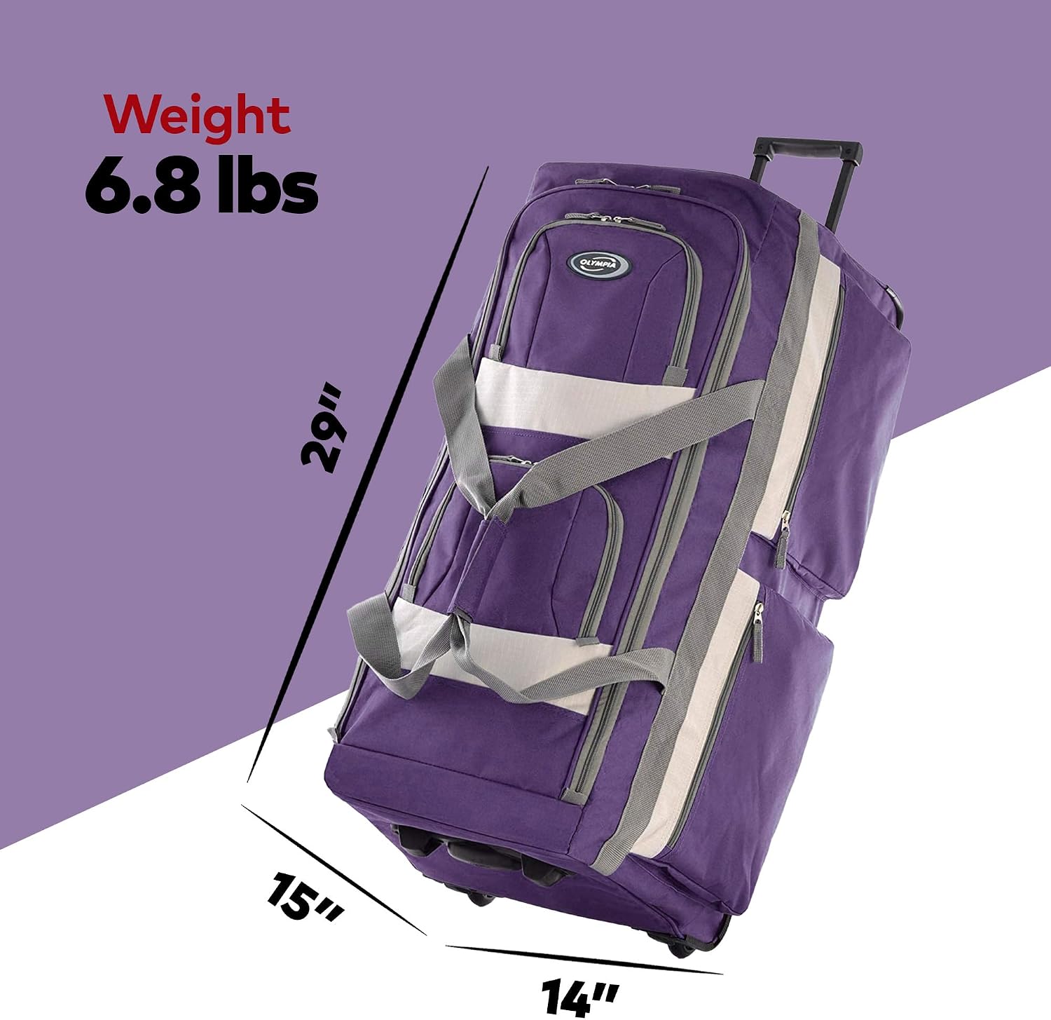 Olympia U.S.A. 33 inch Jumbo Size 8 Pockets Wheeled Rolling Duffel Bag Water Resistant Luggage Lightweight Travel Suitcase with Retractable Handle