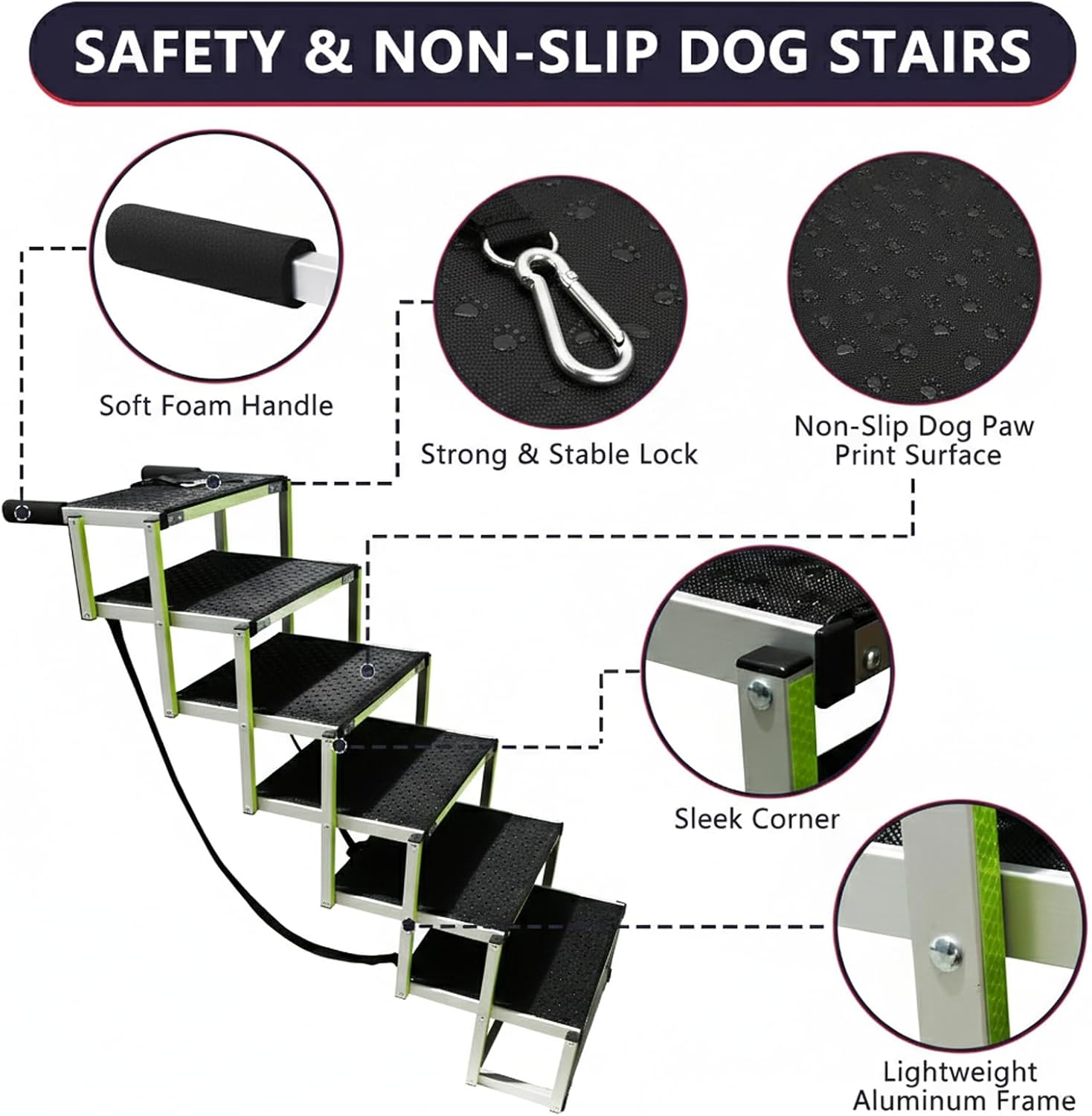 Dog Ramps for Small & Big Dogs Portable Folding Pet Stairs with Nonslip Surface Foldable Truck Ramp Stairs for Car, SUV and Trucks, Supports Up to 250LBS, 6 Steps