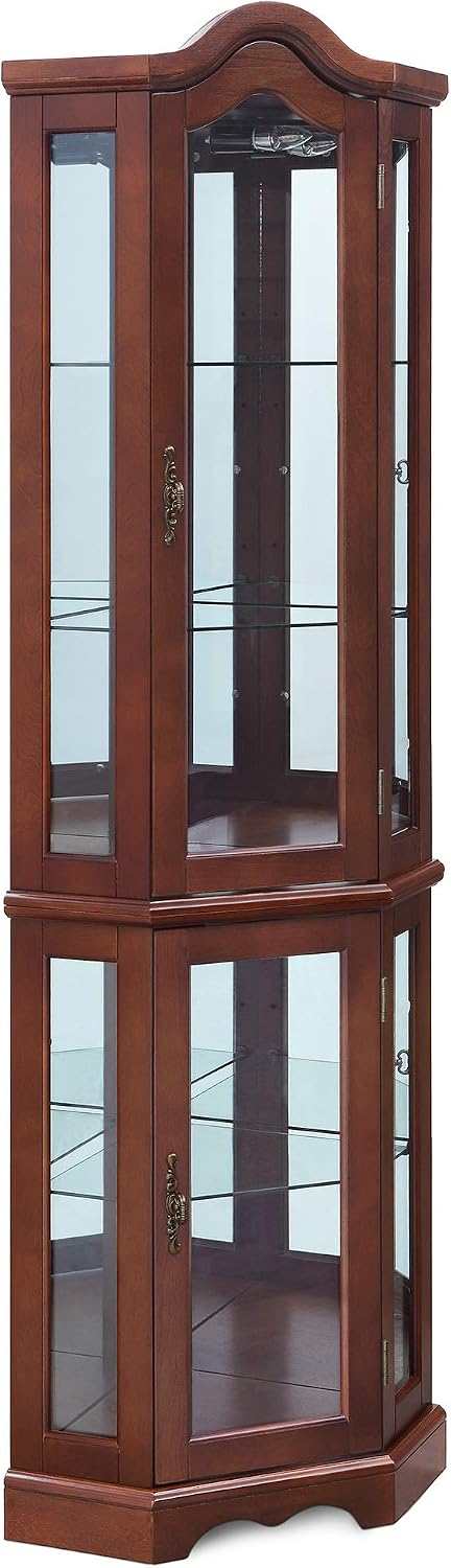 BELLEZE Lighted Corner Display Curved Top Curio Cabinet Wooden Shelving Unit with Tempered Glass Door