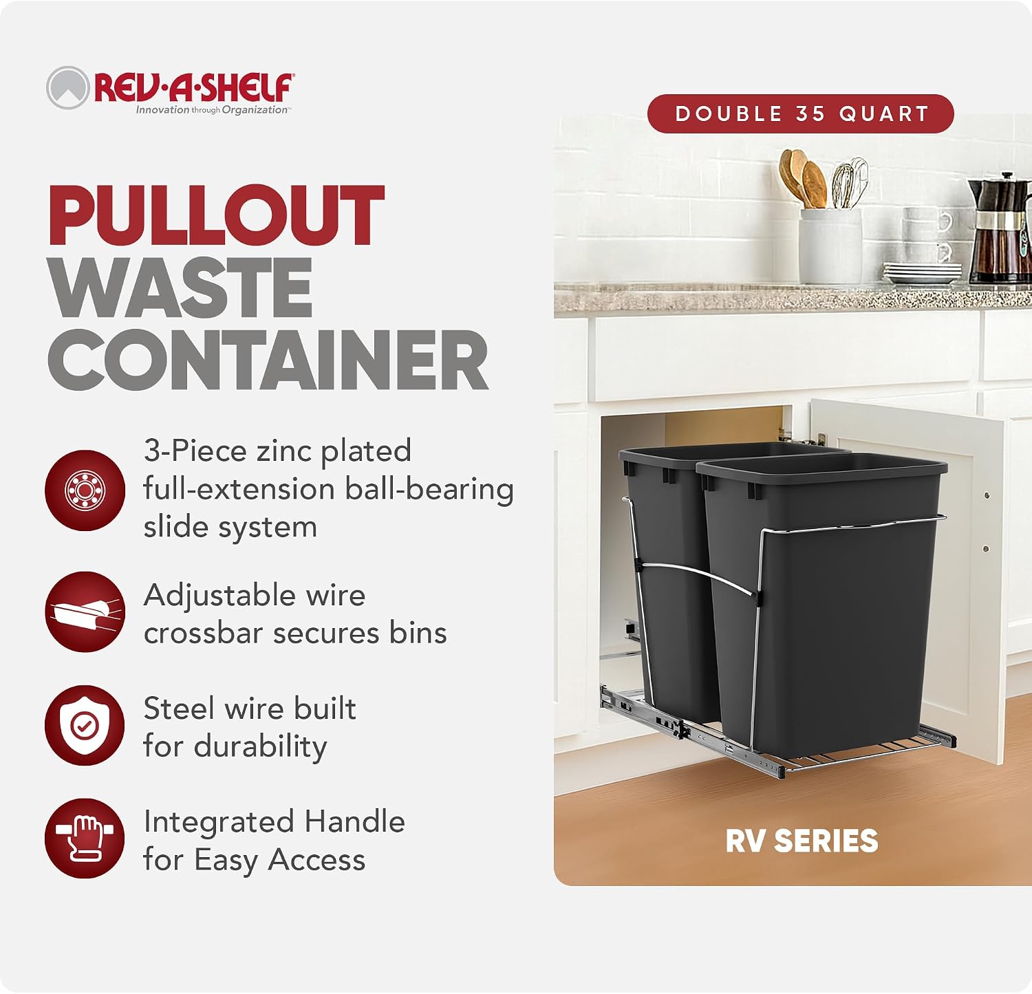Rev-A-Shelf Double Pullout Garbage Trash Cans for Kitchen Cabinets, 35 Qt