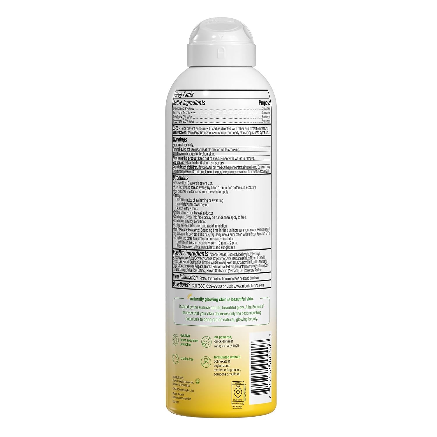 Alba Botanica Sensitive Sunscreen Spray for Face and Body, Fragrance-Free, Broad Spectrum SPF 50, Water Resistant, 5 fl. oz. Bottle