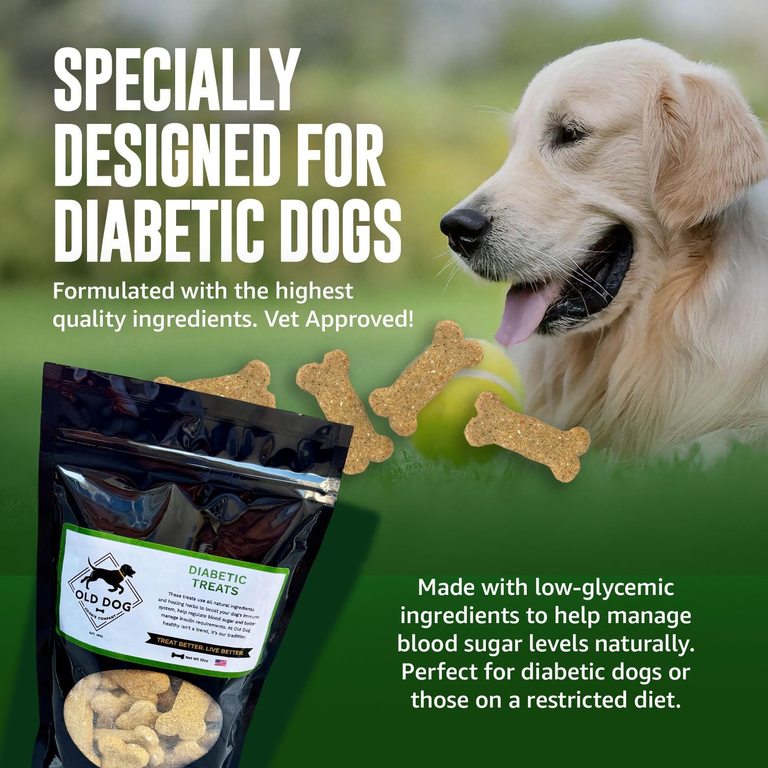 Old Dog Cookie Company All Natural Diabetic Dog Treats – Vet Approved Dog Snacks | Best Healthy Chews for Dogs, Top Treat for Dogs | Low Glycemic