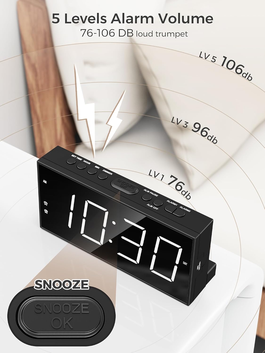 Digital Alarm Clocks for Bedrooms, Dual Alarms, 7.5-Inch Large Display