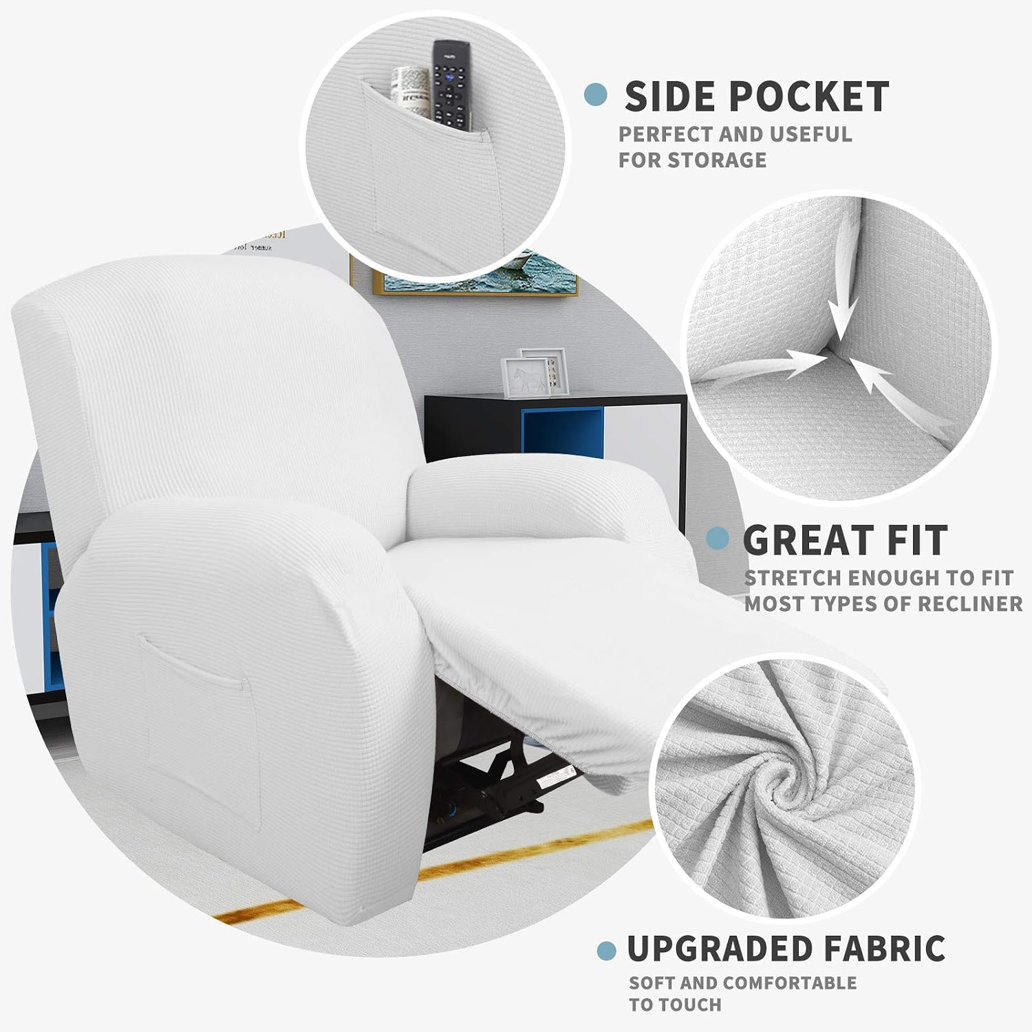 JIVINER Super Stretch Recliner Chair Covers 4 Pieces Sofa Slipcover for Reclining Chair Spandex Soft Recliner Slipcover with Pockets Recliner