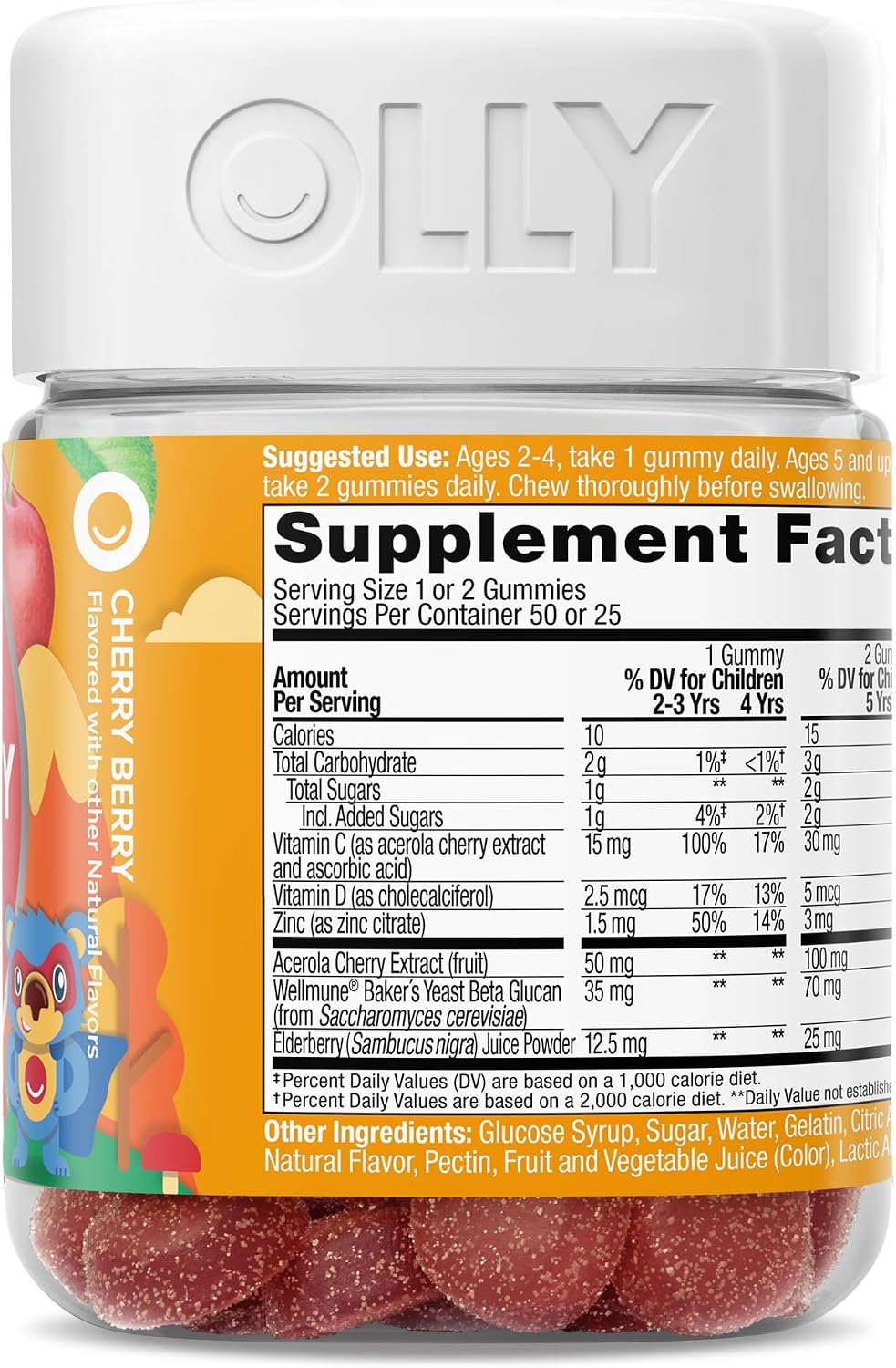 OLLY Kids Immunity Gummy, Immune Support, Wellmune, Elderberry, Vitamin C, Zinc, Chewable Supplement, Cherry - 50 Count