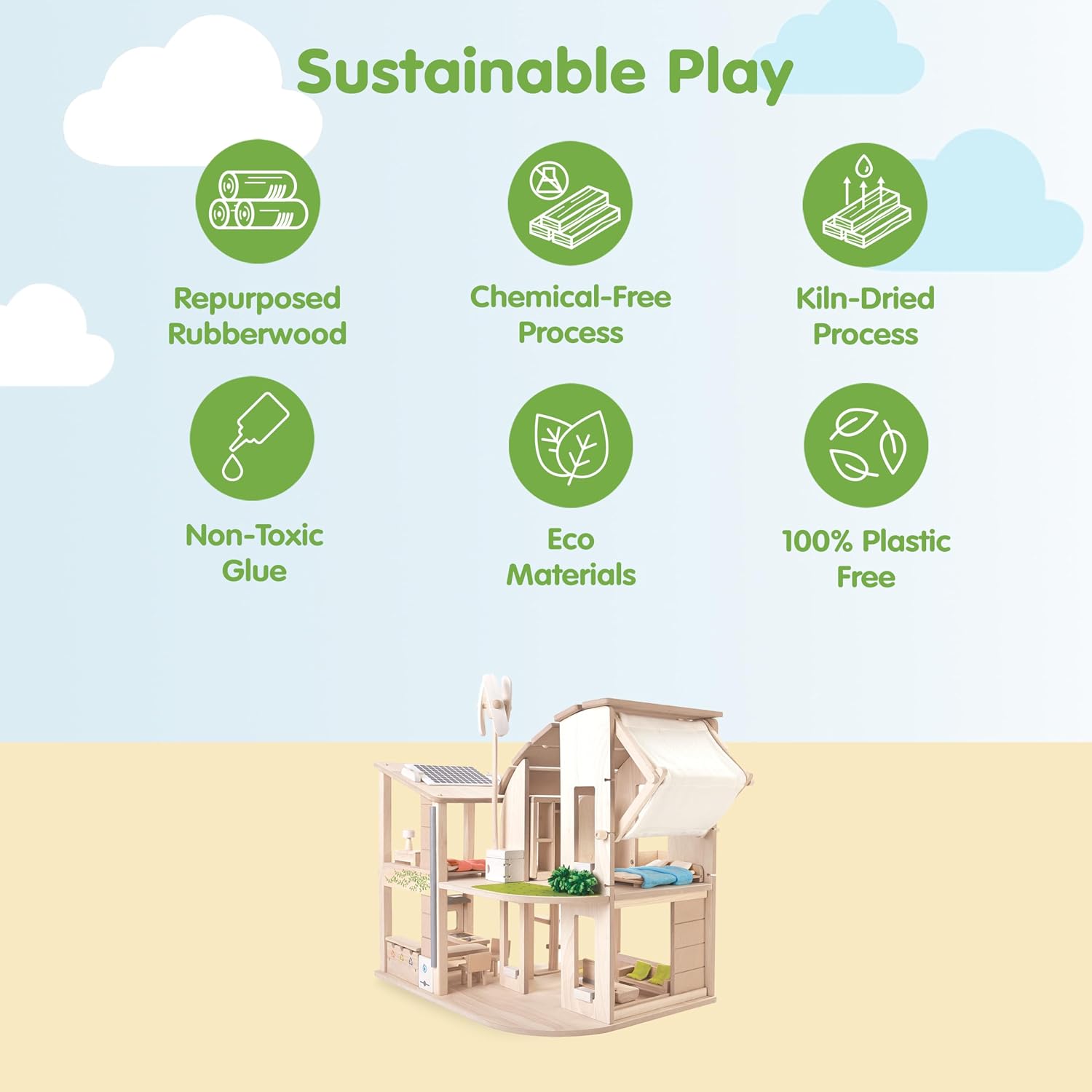 PlanToys® Green Wooden Dollhouse with Solar Panel, Wind Turbine & Furniture | recycling system, eco-friendly doll house, sustainable pretend play, kids, girls, environmental learning gift for boys