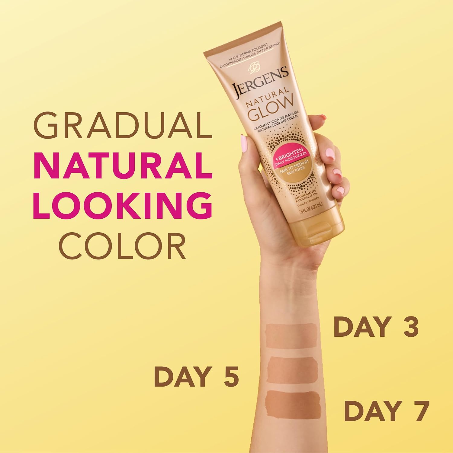 Jergens Natural Glow Self Tanner Body Lotion, Sunless Tanning, Medium to Deep Skin Tone, Daily Moisturizer with Coconut Oil, Vitamin E and Antioxidants, 7.5 Oz | Sunless Tanning, Daily Moisturizer, Coconut Oil, Vitamin E & Antioxidants, Gradual Color Dev…